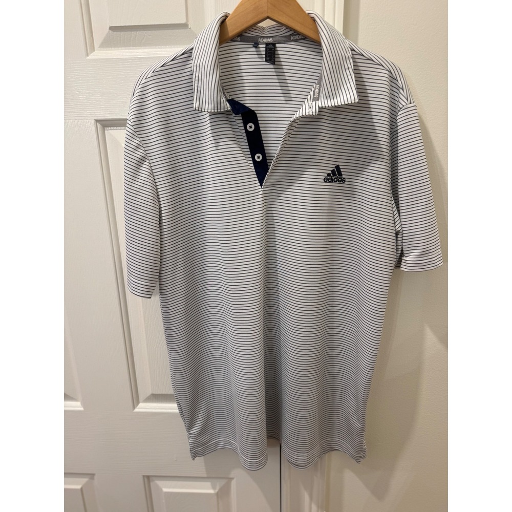 Adidas Mens Golf Polo Shirt White Navy Blue Striped Short Sleeve Large RN 88387